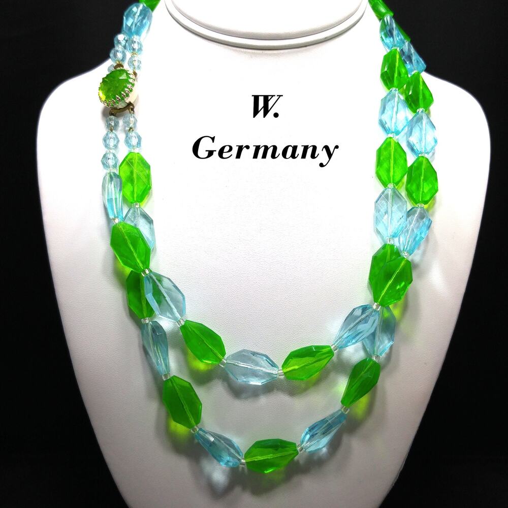 Vintage W Germany Lucite Bead Necklace Green Blue Double Strand